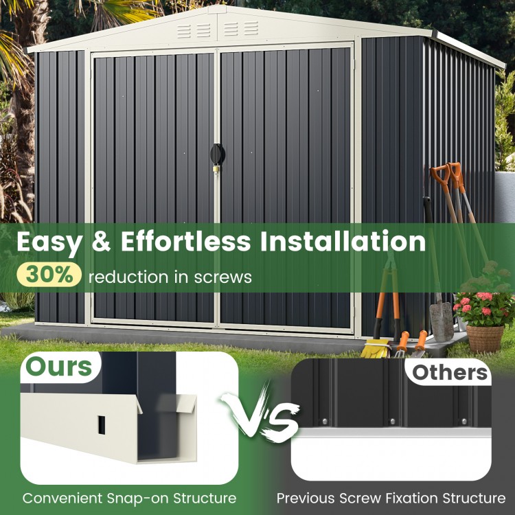 Metal outdoor storage shed with lockable door, featuring snap-on structure for easy installation and ample organization.