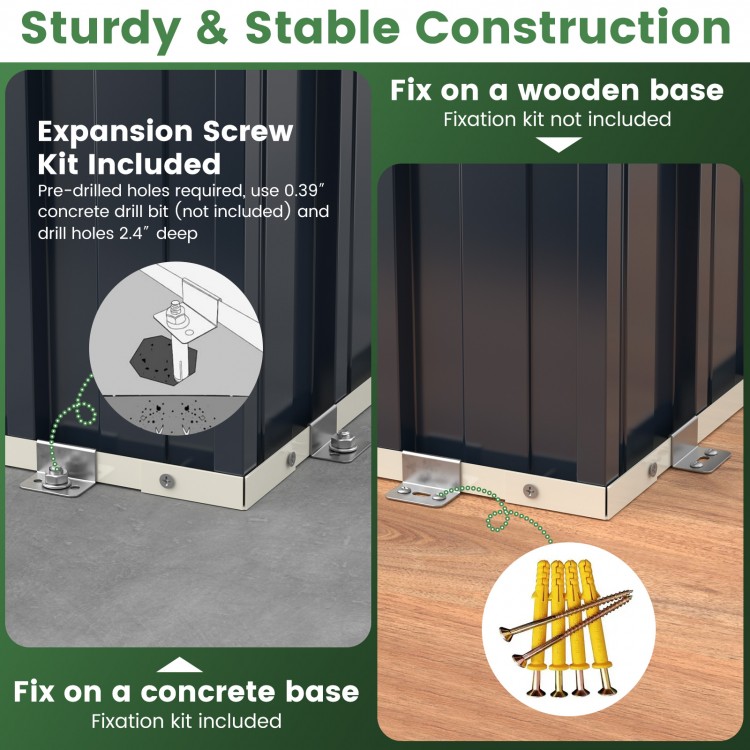 Metal outdoor storage shed construction details, featuring expansion screw kit for secure installation on concrete or.