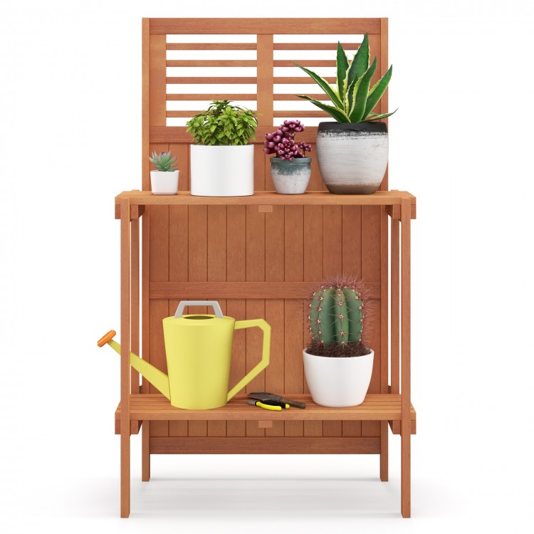 Folding garden potting bench with teak oil finish, featuring 2-tier storage for plants and tools, ideal for outdoor use.