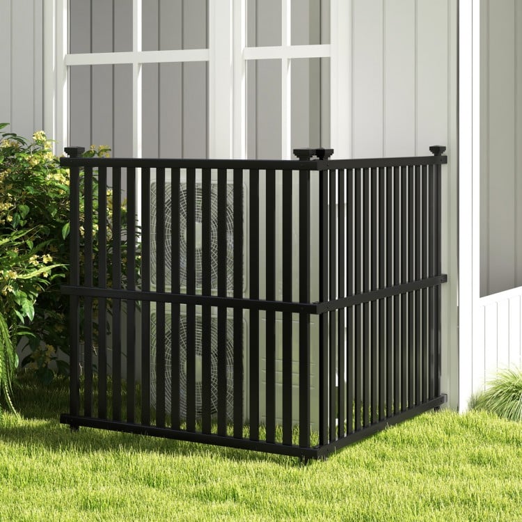 Black air conditioner fence panel with metal ground stakes, designed for outdoor use and optimal air circulation.