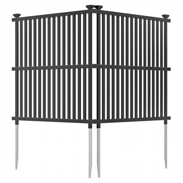 Black air conditioner fence panel with metal ground stakes, designed for outdoor use and optimal stability.