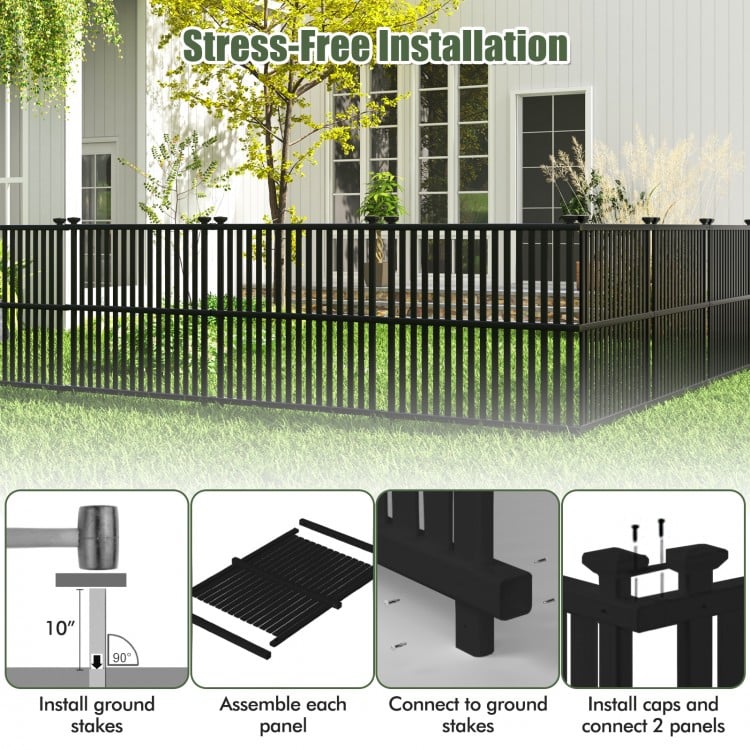 Black air conditioner fence panel with metal ground stakes, showcasing its robust design for various outdoor terrains.
