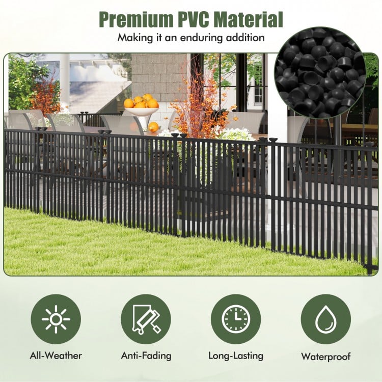 Air conditioner fence panel in black PVC, featuring slatted design and metal ground stakes for outdoor stability.