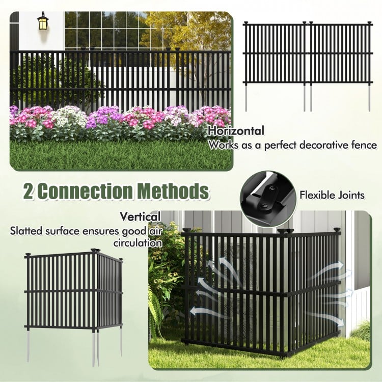 Air conditioner fence panel in black with slatted surface for air circulation, featuring horizontal and vertical.