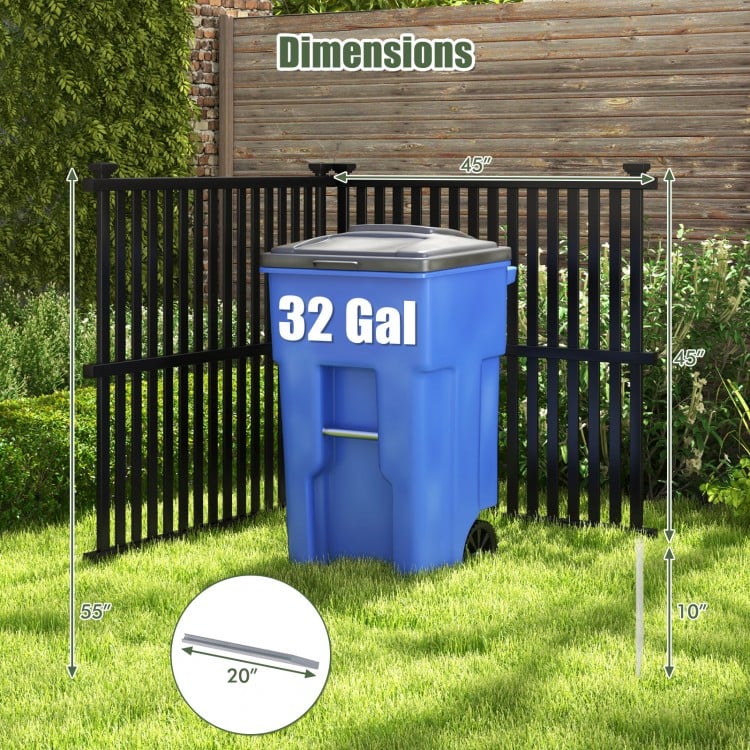 32-gallon trash can enclosed by a black PVC fence panel, showcasing dimensions for outdoor use and stability features.