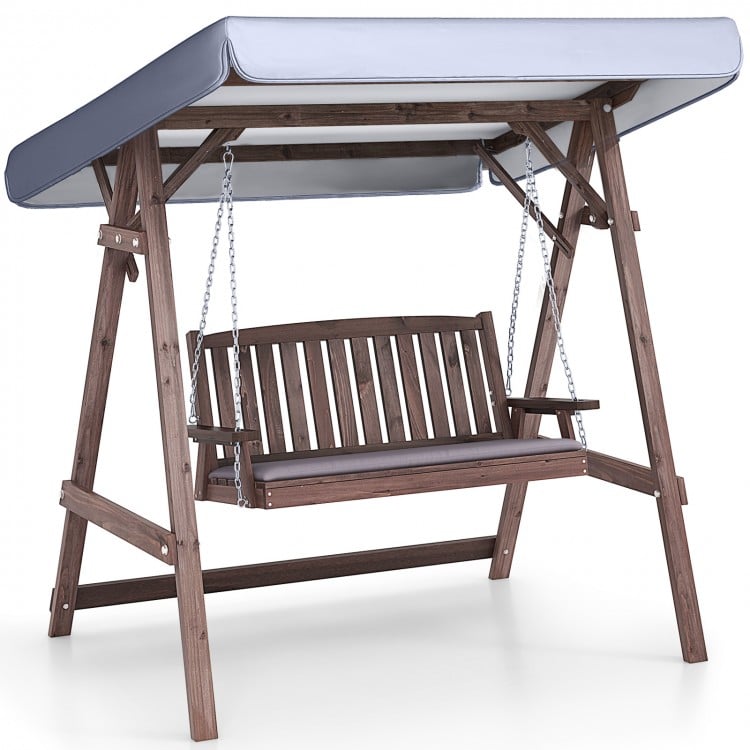 2-person porch swing with fir wood stand and adjustable tilt canopy, featuring removable cushions for outdoor.