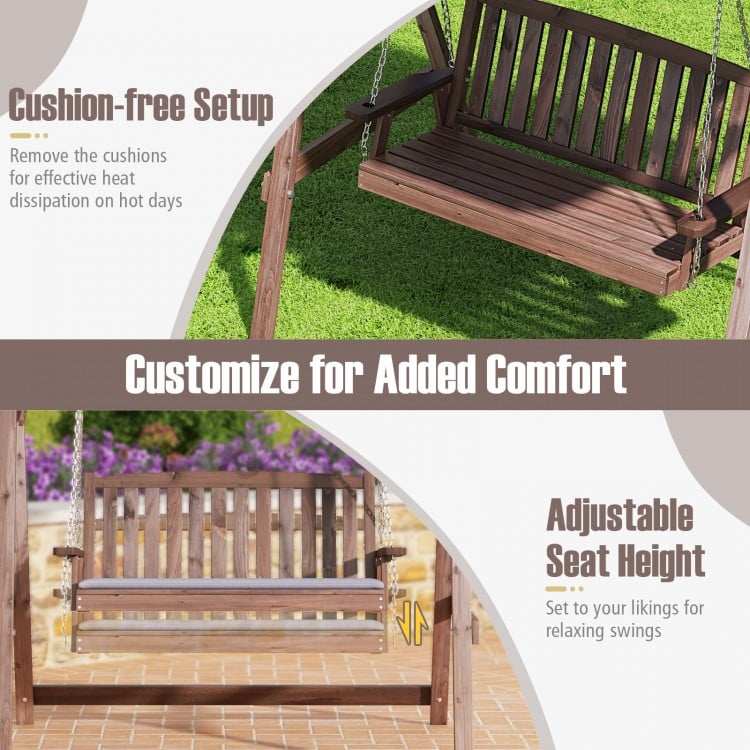 2-person porch swing with fir wood stand, adjustable height, and removable canopy for outdoor relaxation.