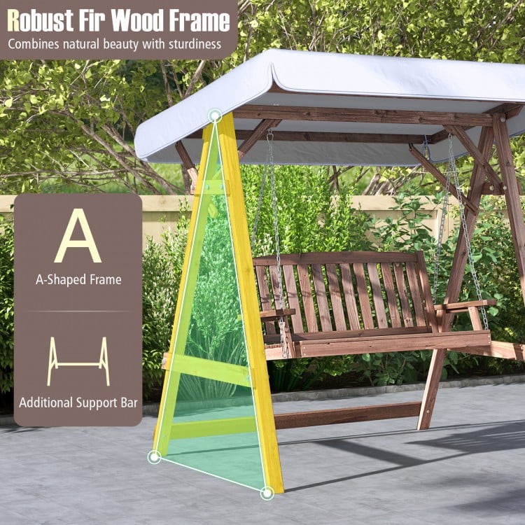 A 2-person porch swing with a robust fir wood frame and adjustable tilt canopy, perfect for outdoor relaxation.