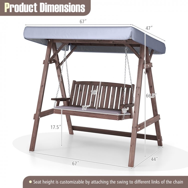 2-person porch swing with fir wood stand and adjustable tilt canopy, featuring removable cushions for easy upkeep.