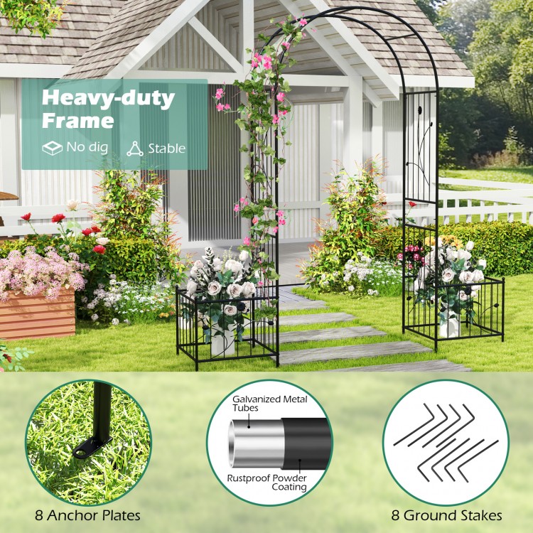 Black 2 in 1 garden arbor with side planters, designed for climbing plants and outdoor decoration, includes 8 ground.