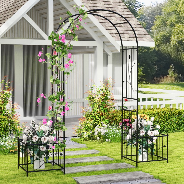 Black 2 in 1 garden arbor with side planters, featuring an elegant arc top design, ideal for climbing plants and.