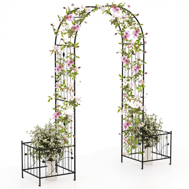 Garden arbor with side planters, black metal frame, ideal for climbing plants and outdoor decorations.