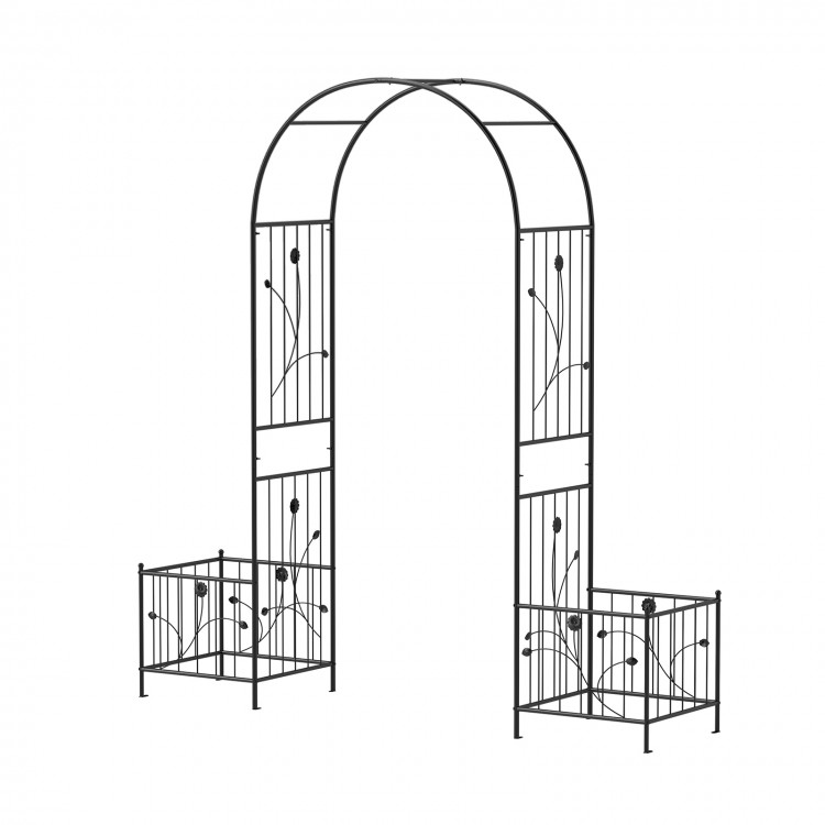 Garden arbor with side planters in black, featuring an elegant arc design, ideal for climbing plants and outdoor decor.