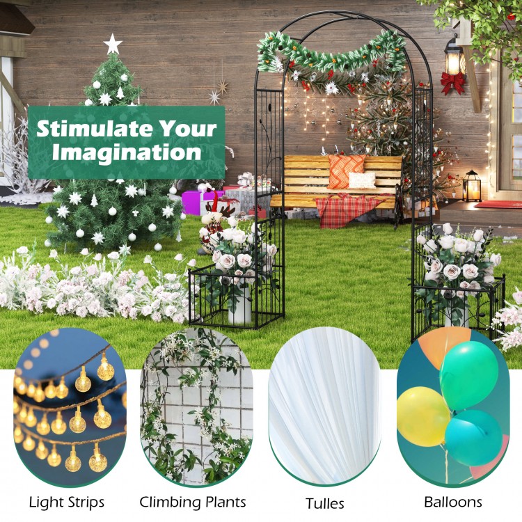 Garden arbor with side planters, ideal for climbing plants and decorations, perfect for weddings or outdoor patios.