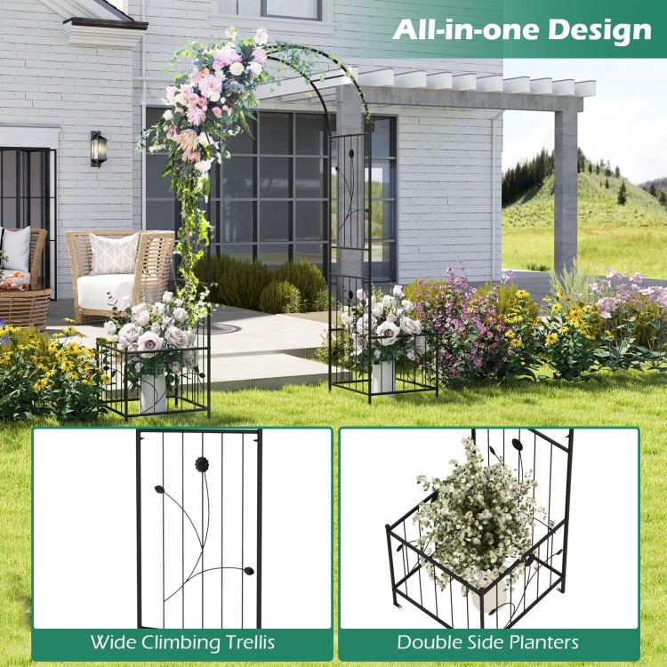 Garden arbor with side planters, black metal design for climbing plants, perfect for weddings or patio decoration.