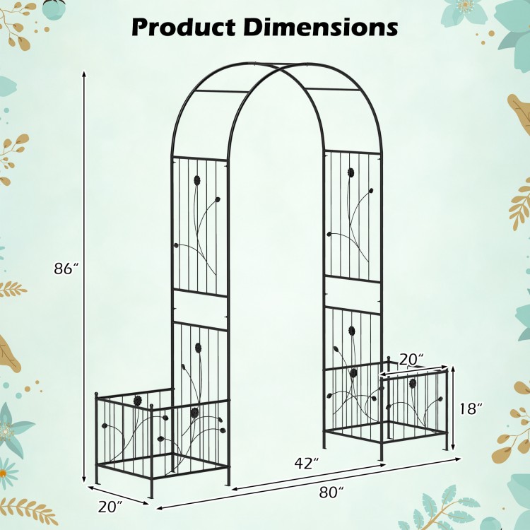 Dimensions of the black 2 in 1 garden arbor with side planters, ideal for climbing plants and outdoor decor.