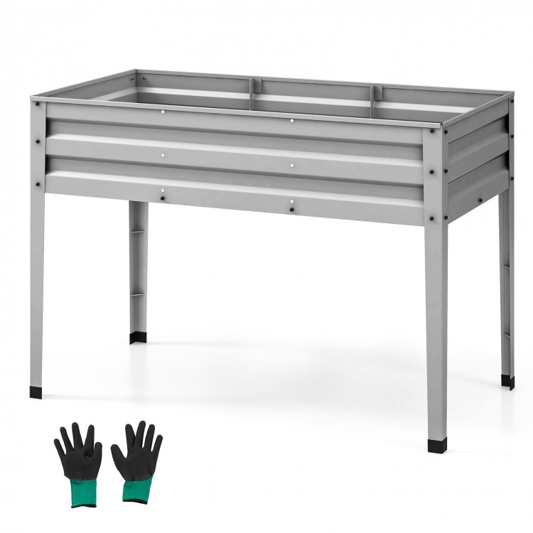 Galvanized raised garden bed with legs, 10" depth, drainage holes, and gloves for easy assembly and comfortable.
