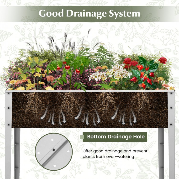 Galvanized raised garden bed with drainage holes, 10" depth, ideal for healthy plant growth and comfortable gardening.