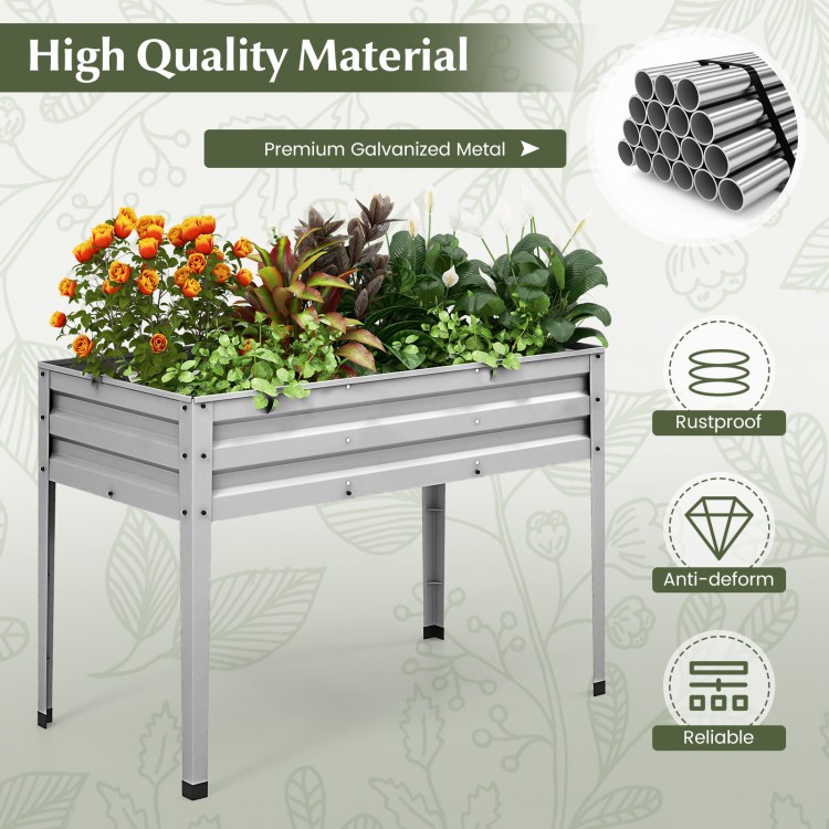 Galvanized raised garden bed with legs, 10" depth, 4 drainage holes, and weather-resistant steel for healthy plant.