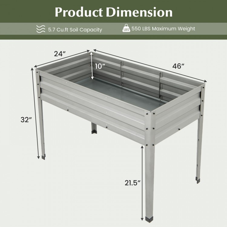Galvanized raised garden bed with legs, 5.7 cu.ft capacity, 10" depth, and drainage holes for healthy plant growth.