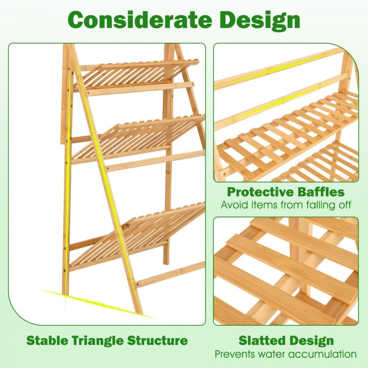 3-tier bamboo hanging plant stand with adjustable rod, slatted design, and protective baffles for stable display.
