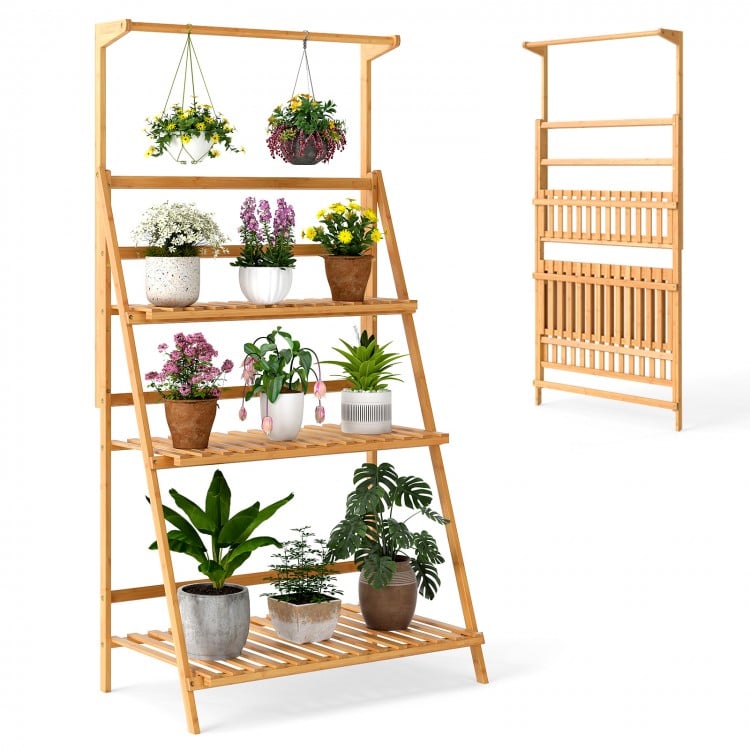 3-tier bamboo plant stand with adjustable hanger rod, perfect for displaying plants and maximizing light exposure.