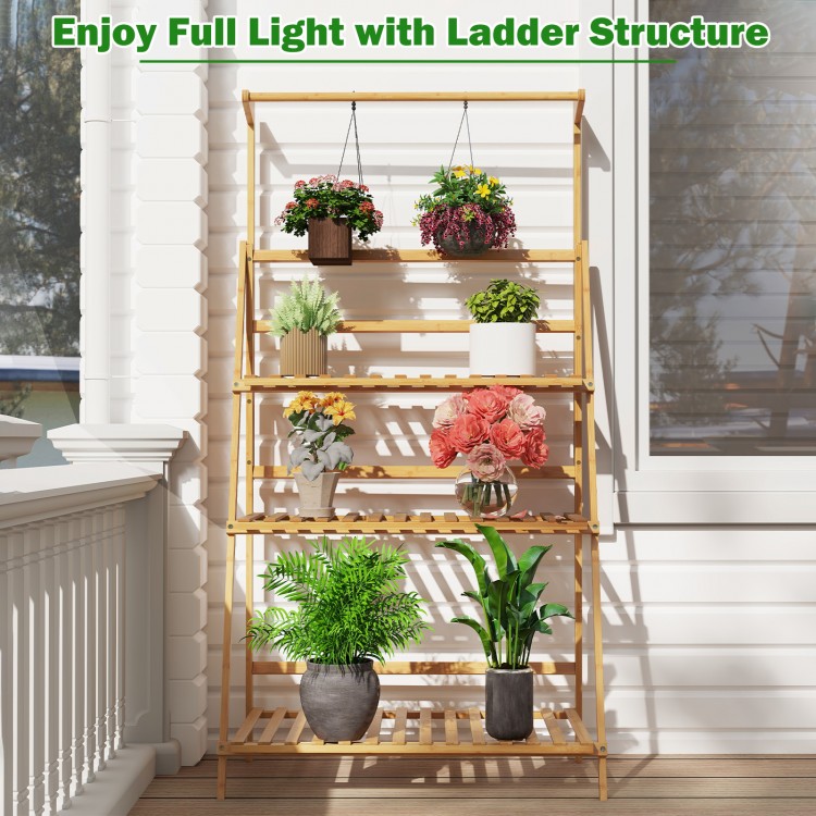 3-tier bamboo plant stand with adjustable hanger rod, perfect for displaying plants and flowers in bright spaces.