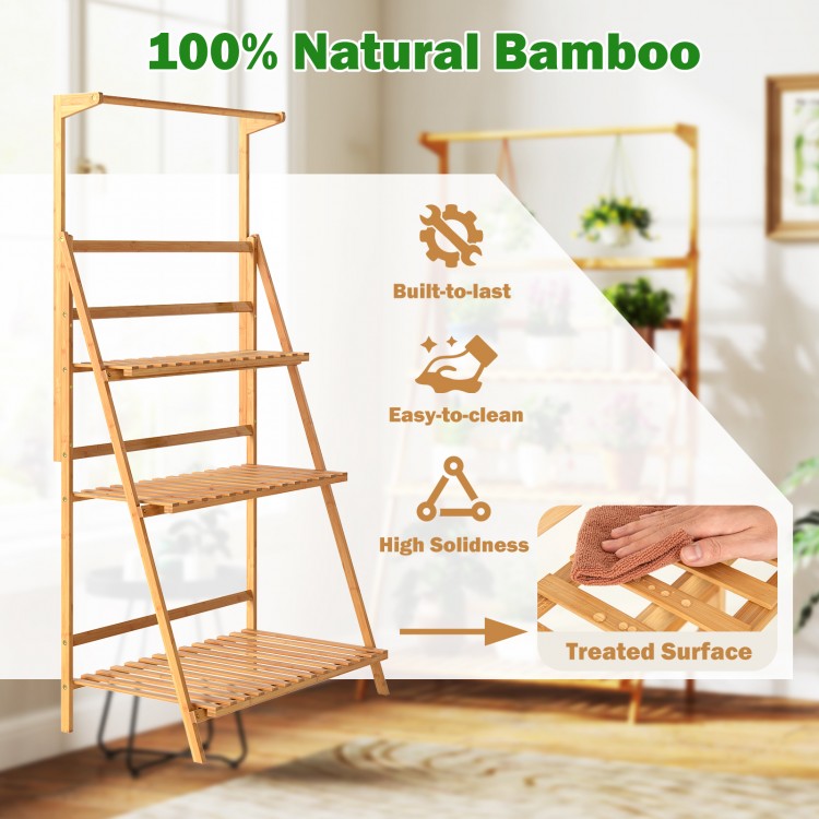 3-tier bamboo plant stand with adjustable hanger rod, slatted design, and stable triangle structure for versatile.