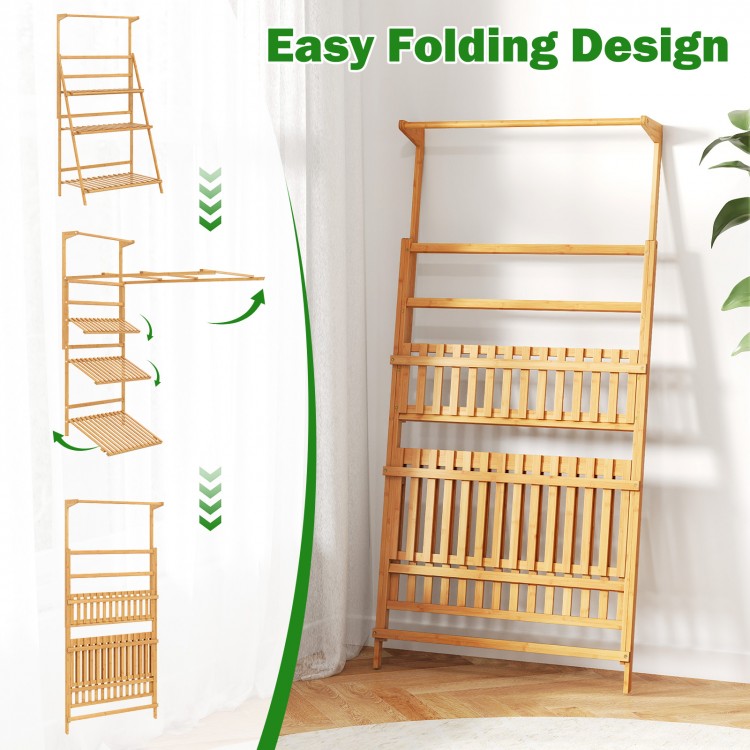 3-tier bamboo plant stand with adjustable hanger rod, featuring a folding design for easy storage and stable structure.