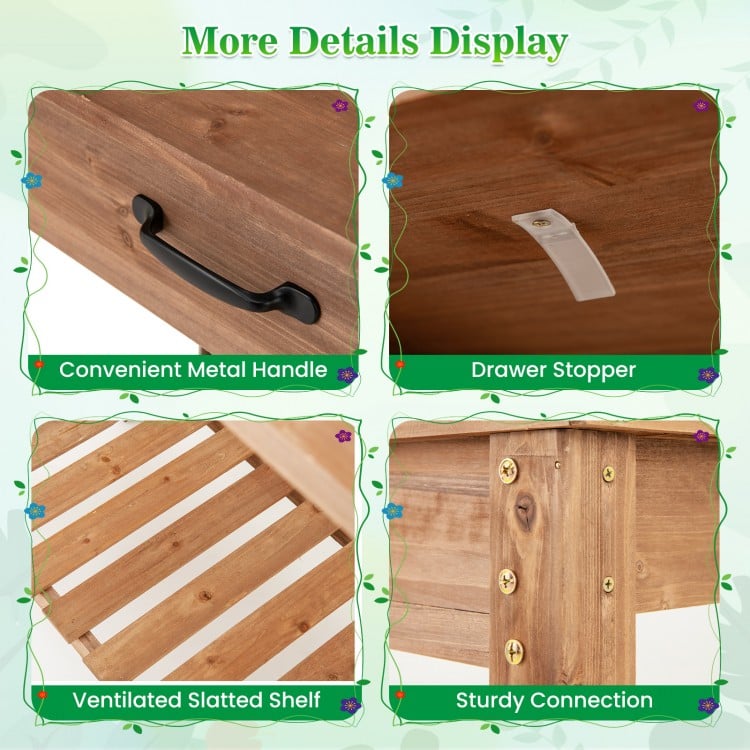 Close-up of the outdoor wooden garden table showing the convenient metal handle and drawer stopper for easy access.