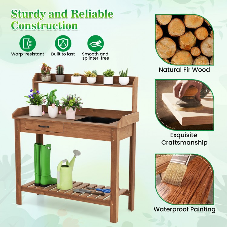 Outdoor wooden garden table work station with storage shelves, removable sink, and waterproof fir wood construction.