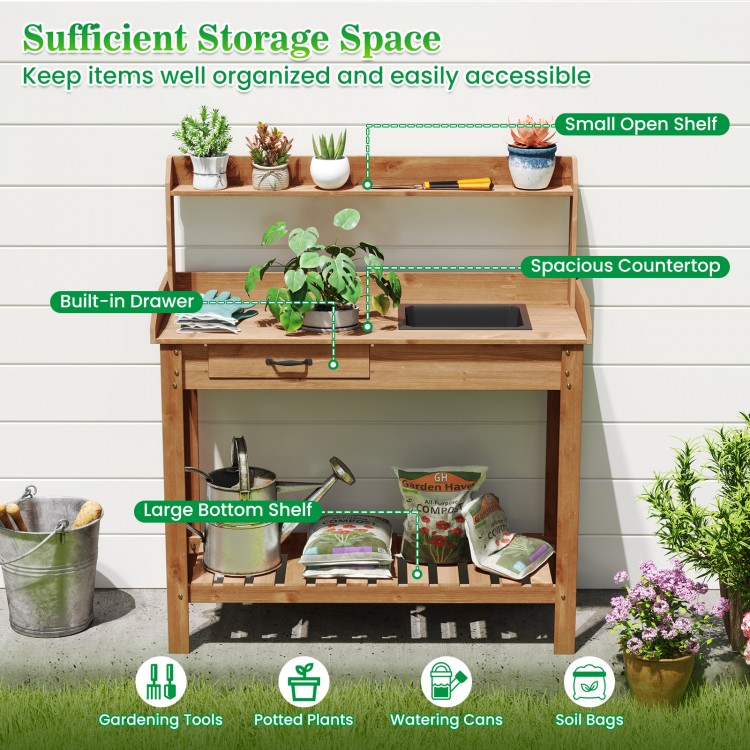 Outdoor wooden garden table work station with storage shelves, removable sink, and built-in drawer for organized.