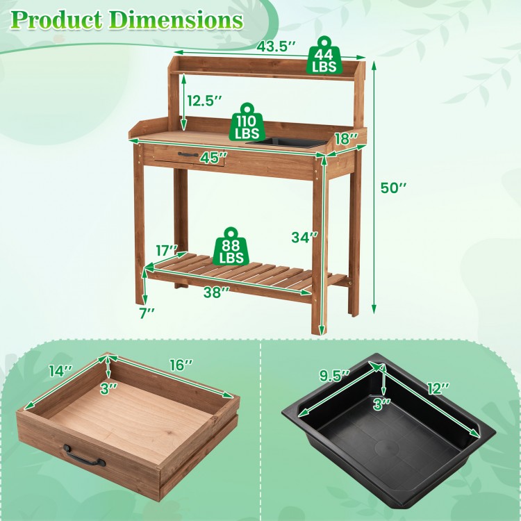 Outdoor wooden garden table work station with removable sink, storage drawer, and slatted bottom shelf for organization.