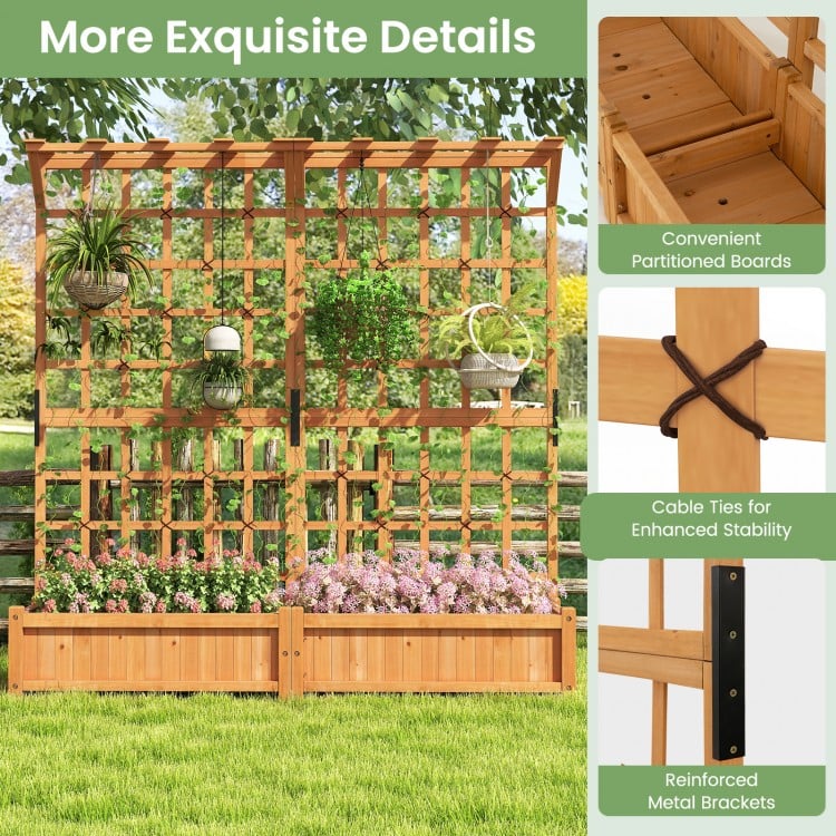 Large wooden planter container with trellis and hanging roof, made of durable fir wood for climbing plants and flowers.