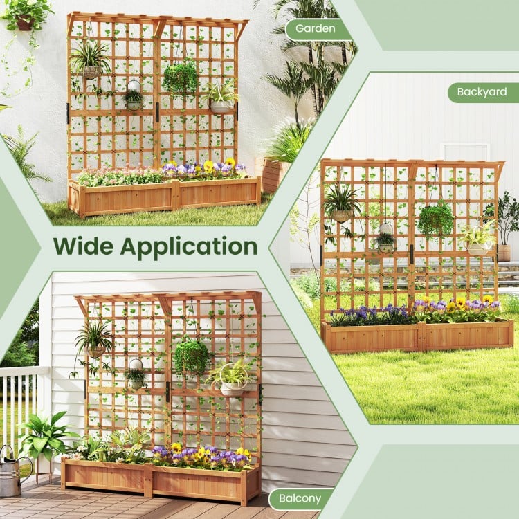 Large wooden planter container with trellis, featuring a hanging roof, ideal for climbing plants and flowers in gardens.