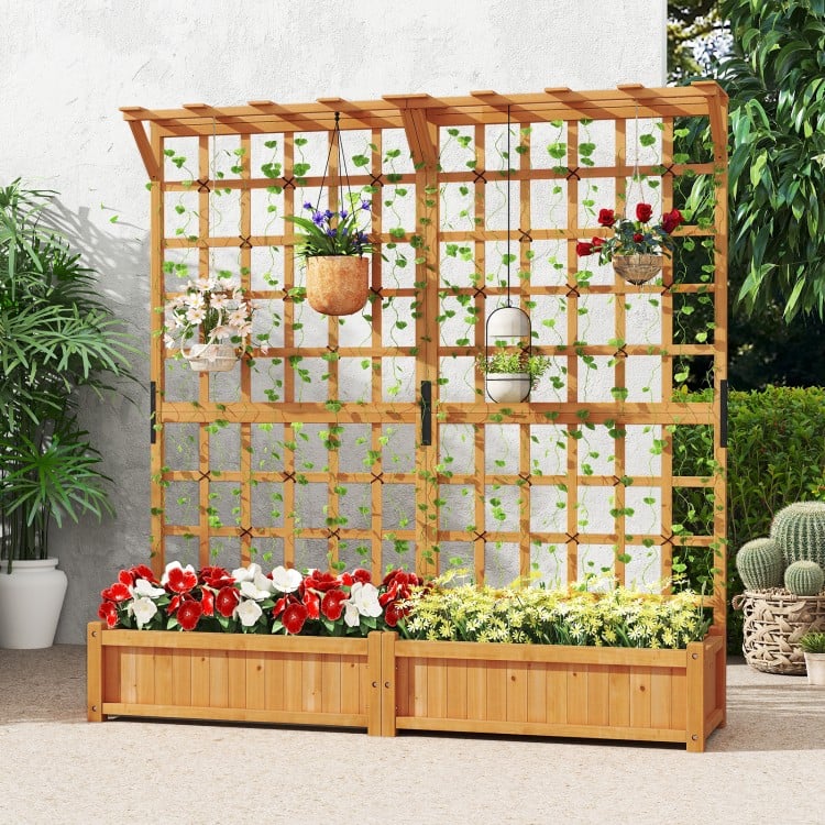 Wooden planter container with trellis and hanging roof, featuring stable legs and elegant lattice design for garden.