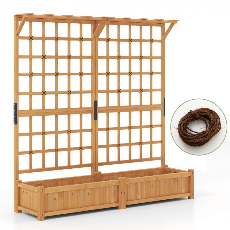 Large wooden planter container with trellis and hanging roof, made of natural fir wood for climbing plants and flowers.