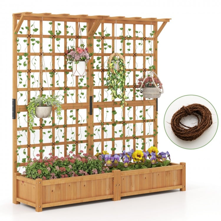 Large wooden planter container with trellis, hanging roof, and natural fir wood for climbing plants and flowers.