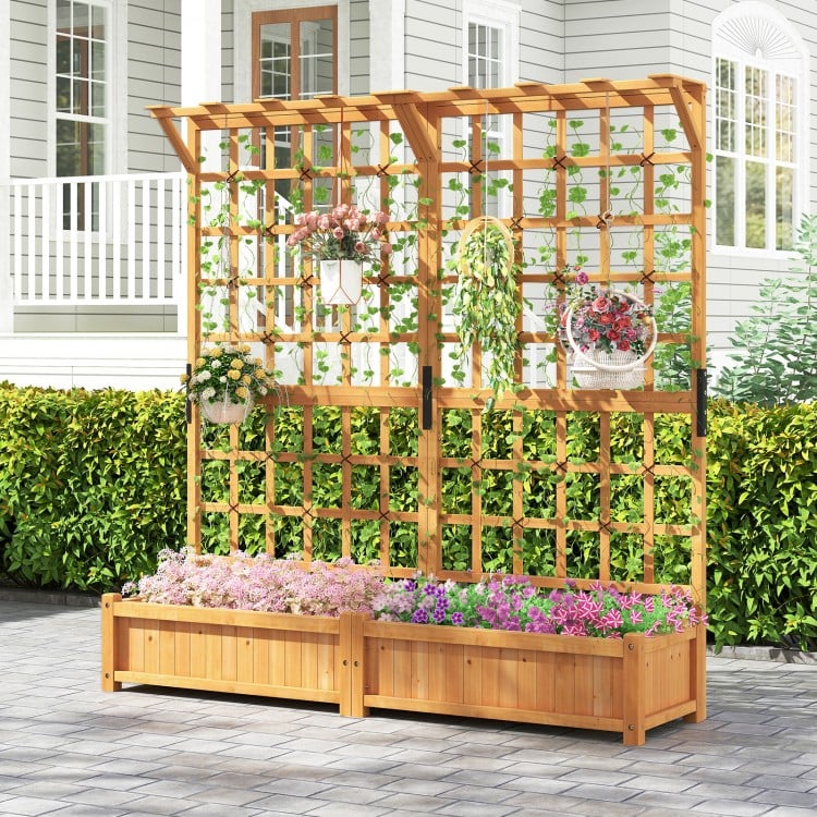 Large wooden planter container with trellis and hanging roof, made of natural fir wood, ideal for climbing plants and.