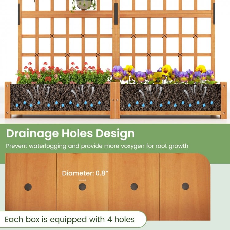 Large wooden planter container with trellis, featuring drainage holes for optimal plant growth and stability.