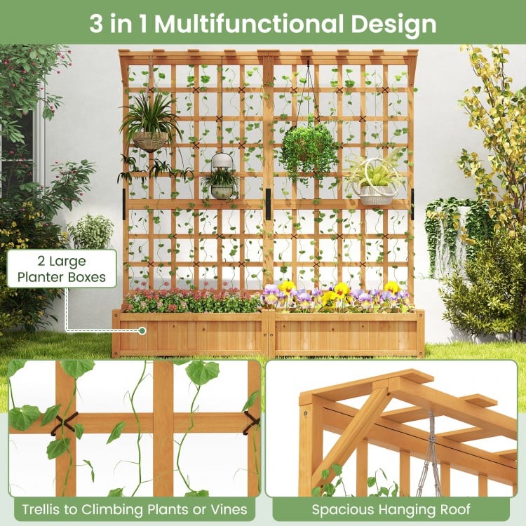 Large wooden planter container with trellis and hanging roof, made of durable fir wood, ideal for climbing plants and.