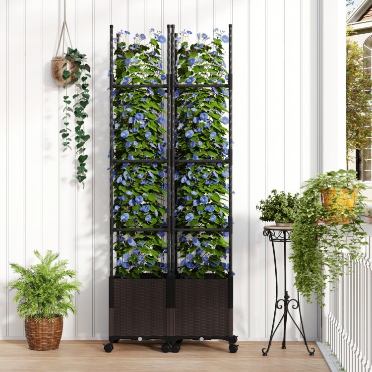 Tall raised garden bed with trellis, adjustable height, and lockable wheels, perfect for climbing plants and outdoor.