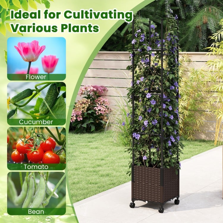 Tall raised garden bed with trellis, adjustable height, and lockable wheels for growing various plants like cucumbers.