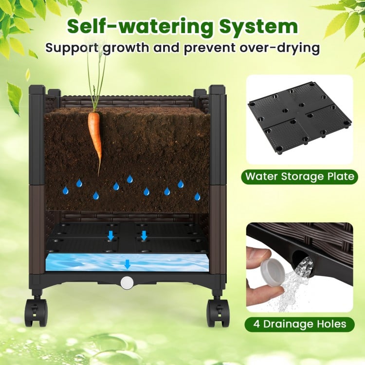 Self-watering raised garden bed with drainage holes, adjustable height, and lockable wheels for easy mobility.