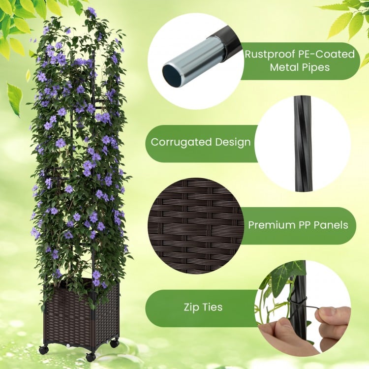 Tall raised garden bed with adjustable trellis, PE-coated metal pipes, and weatherproof PP rattan for versatile.