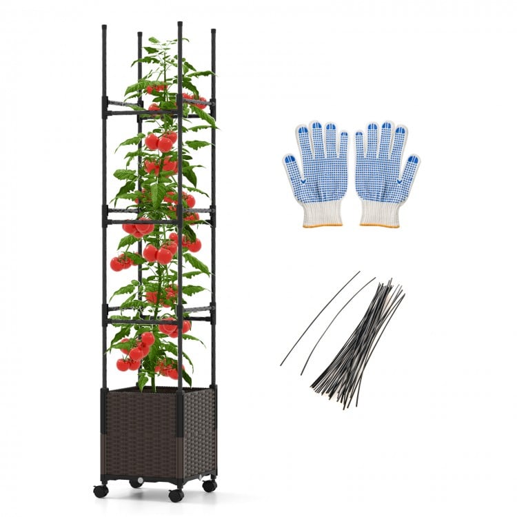 Tall raised garden bed with trellis, lockable wheels, and self-watering reservoir for easy plant growth.