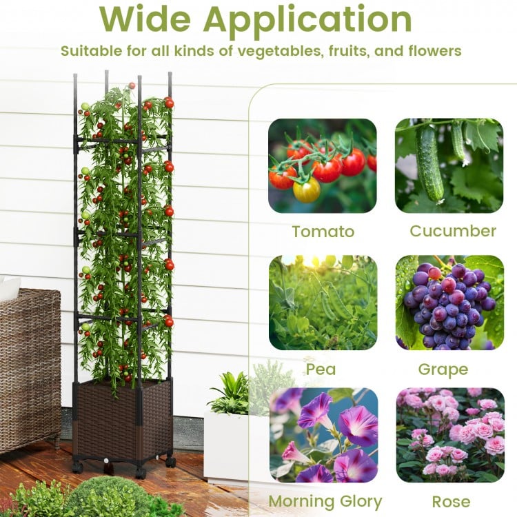 Tall raised garden bed with trellis, lockable wheels, and self-watering reservoir for growing vegetables and flowers.