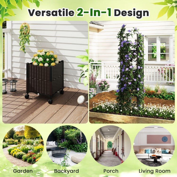 87-inch tall raised garden bed with trellis, adjustable height, and lockable wheels for versatile indoor and outdoor.