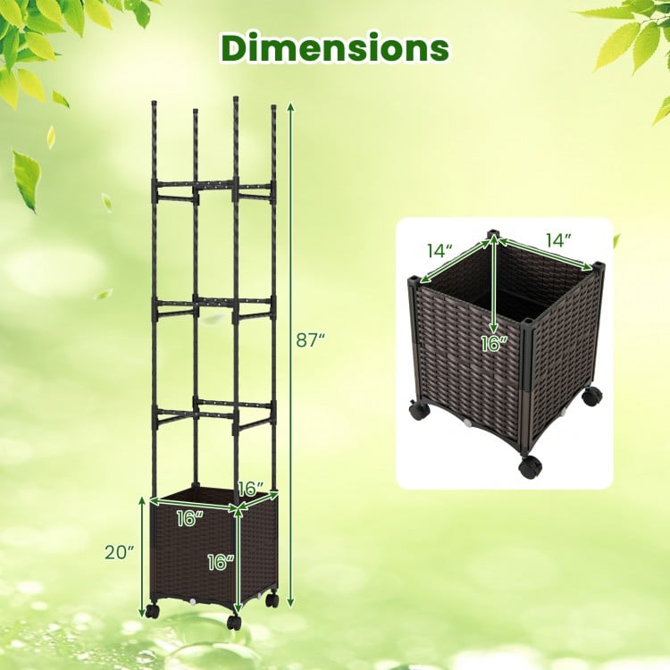 87-inch tall raised garden bed with adjustable trellis, lockable wheels, and weatherproof PP rattan planter box.