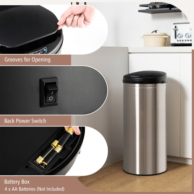 Stainless steel 8-gal automatic trash can with touchless sensor, control panel, and battery box for easy operation.